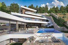 an artist's rendering of a modern house with pool and outdoor furniture in the foreground