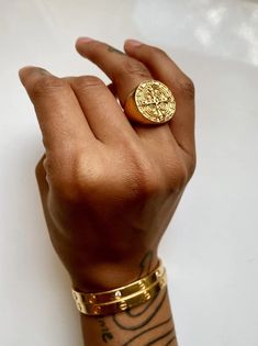 Perfect gold statement ring for any occasion. Shop gold rings for women to stack and wear everyday. Stackable gold rings for women tarnish-free. Stackable Gold Rings, Gold Coin Ring, Statement Piece Jewelry, Gold Rings For Women, Dope Jewelry Accessories, Medieval Rings, Long Gold Earrings, Mens Gold Jewelry, Gold Rings Stackable