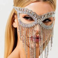 Ethereal Princess, Face Rhinestones, Rhinestone Face, Rhinestone Face Mask, Ladies Dress Hats, Princess Vibes, Feather Skirt, Rhinestone Fringe, Burning Man Outfits