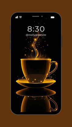 an iphone with a cup of coffee on it's screen and the time displayed