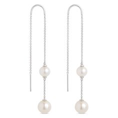 Exceptional elegance at a great value, these pearl earrings are a beautiful addition to your everyday favorites or a gift for the pearl lover in your life. Cultured pearls dangle from dainty 14k white gold links. The natural color and glow of pearls makes for an iconic complement with white gold, the result sleek and captivating. Sterling Silver Pearl Chain Earrings For Anniversary, Classic Sterling Silver Pearl Pendant Earrings, Elegant Hypoallergenic Pearl Earrings In Sterling Silver, Elegant Hypoallergenic Sterling Silver Pearl Earrings, White Gold Akoya Pearl Dangle Earrings, Classic White Gold Earrings With Pearl Chain, Minimalist White Gold Pearl Earrings, Sterling Silver Pearl Chain Earrings In Pearl White, White Pearl Threader Earrings With Charm