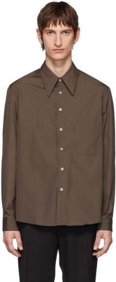 Brown Cotton Shirt With Lapel Collar, Office Brown Tops With Button Cuffs, Brown Office Tops With Button Cuffs, Office-appropriate Brown Tops With Button Cuffs, Office Brown Top With Button Cuffs, Brown Cotton Shirt For Work, Brown Shirt With Button Closure For Work, Collared Brown Shirt With Welt Pockets, Brown Collared Shirt With Welt Pockets