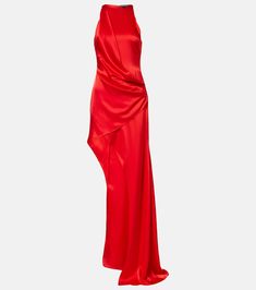 Asymmetric draped satin maxi dress in red - David Koma | Mytheresa Asymmetrical Evening Dress, Red Valentino Dress, International Clothing, Embellished Gown, David Koma, Satin Gown, Satin Maxi, Maxi Dress Evening, Satin Maxi Dress