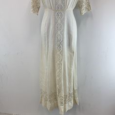 Vintage lace white dress Size: S 1908-1920s W 24 White Vintage Cotton Lace Dress, Vintage White Embroidered Dress, Retro White Vintage Dress With Lace Trim, Vintage White Dress With Scalloped Lace, Vintage White Crochet Lace Dress, Lace White Dress, Vintage Lace, Free Giveaway, White Lace