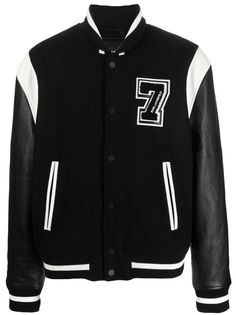 black/white wool appliqué detail appliqué logo stripe detailing band collar front button fastening long sleeves contrasting-fabric sleeves straight hem Stussy Jacket, Jackets Design, Wool Appliqué, Unique Jackets, Varsity Jacket Men, Varsity Jackets, Band Collar, Mens Outerwear, Leather Jackets