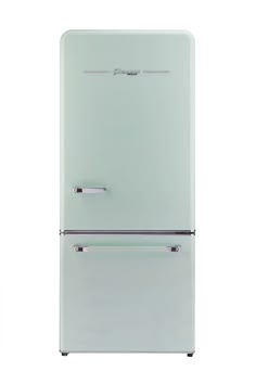 a white refrigerator freezer sitting on top of a white floor next to a wall