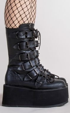 DAMNED-225 Black Vegan Boots-Demonia-Tragic Beautiful Alternative Leather Moto Boots With Chunky Platform, Punk High-top Leather Platform Boots, Leather High-top Platform Boots For Concert, Grunge High-top Platform Moto Boots, Grunge Style High-top Platform Moto Boots, Alternative Style Platform Boots With Rivets And Round Toe, Alternative Style Platform Boots With Round Toe, Alternative Style Round Toe Platform Boots, Punk Leather Mid-calf Boots With Chunky Platform