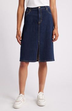 Contrast topstitching accentuates the classic pencil silhouette of this dark-wash denim skirt. Zip fly with button closure Five-pocket style Unlined 99% cotton, 1% spandex Machine wash, tumble dry Imported Classic Mid-rise Denim Blue Denim Skirt, Classic Mid-rise Denim Blue Skirt, Classic Denim Blue Denim Skirt, Classic Straight Leg Denim Skirt With Pockets, Dark Wash Knee-length Denim Skirt, Classic High Rise Dark Wash Denim Skirt, Dark Wash Cotton Knee-length Denim Skirt, Classic Denim Blue Denim Skirt With Pockets, Classic Dark Wash Cotton Denim Skirt