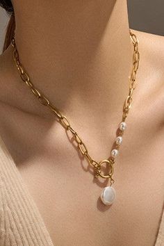 Classy & Elegant Pearl Chain Necklace-[option4]-[option5]-Cute-Trendy-Shop-Womens-Boutique-Clothing-Store Pearl Gold Necklace, Necklace Clasp, Pearl Chain Necklace, Titanium Bracelet, Sunglass Chain, Necklace Clasps, Layer Necklace, Character Board, Gold Pearl Necklace