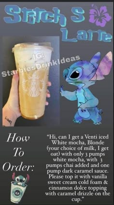 an advertisement for starbucks's coffee with stitch and love on the bottom right hand corner