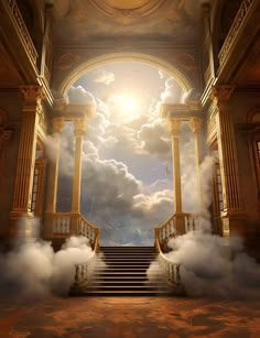 an open doorway with stairs leading up to the sky and clouds in front of it