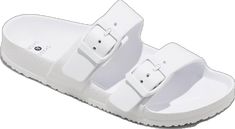 White Trendy Slip-on Jelly Sandals, Casual Summer Jelly Sandals With Buckle, Casual Summer Jelly Sandals With Buckle Closure, Casual White Slides For Beach Season, White Round Toe Jelly Sandals, Casual Plastic Jelly Sandals For Spring, White Summer Jelly Sandals For Beach Season, Casual White Sandals With Buckle Closure, White Open Toe Jelly Sandals