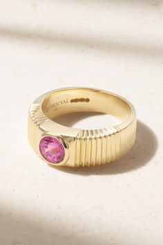 Founder Kirsty Stone describes Retrouvaí's fine jewelry as "a dose of fun that still maintains an heirloom-quality — that helps a woman tell her unique story." Handmade from 14-karat gold, this one-of-a-kind ring is set with a shimmering pink sapphire and has a wide band etched with a pleated effect. Wear yours solo or stacked with dainty styles. Luxury Pink Sapphire Ring For Formal Occasions, Luxury Pink Sapphire Ring Jewelry, Luxury Formal Jewelry With Fluted Bezel, Luxury Pink Sapphire Rings With Gemstone, Fine Jewelry 14k Gold Baguette Cut, Fine Jewelry Pink Sapphire Ring, 14k Gold Baguette-cut Fine Jewelry, 14k Gold Baguette Cut Fine Jewelry, Luxury 14k Gold Sapphire Ring Hallmarked