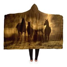 a hooded blanket with three horses standing in the sunbeams on a grassy field