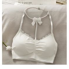 Sexy Bow Halter Lace Camisole Crop Tops – Tomscloth White Halter Neck Camisole With Built-in Bra, White T-back Top With Built-in Bra, Solid T-back Top Bra Friendly, Solid T-back Top That Is Bra Friendly, White Fitted Bra With Spaghetti Straps, Fitted White Racerback Camisole, White Fitted Racerback Camisole, White Stretch Cami Halter Top, White Stretch Halter Cami Top