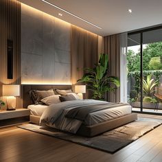 High-tech modern bedroom with a focus on incorporating automated lighting and climate control for a personalized and optimized living experience Dark Modern Bedroom, Black Bedroom Design, Dark Bedroom, Room Design Bedroom, Contemporary Bedroom, Bedroom Aesthetic