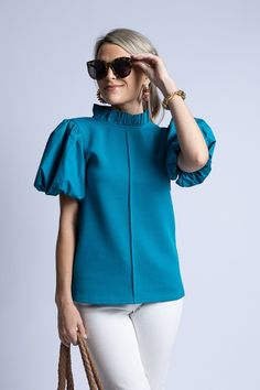 Mixed Media Texture Top, Teal Chic Tops With Ruffle Balloon Sleeves, Casual Ruffled Balloon Sleeve Top, Chic Balloon Sleeve Top With Ruffles, Fall Tops With Ruffles And Balloon Sleeves, Fall Balloon Sleeve Tops With Ruffles, Casual Puff Sleeve Top With Ruffles For Fall, Fall Casual Puff Sleeve Top With Ruffles, Chic Solid Color Puff Sleeve Top With Ruffles, Trendy Puff Sleeve Top With Ruffles And Balloon Sleeves