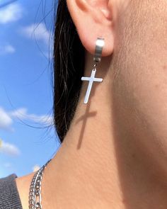 SURGICAL STEEL HOOPS + CROSS PENDANTS 10MM HOOPS HYPOALLERGENIC 2 EARRINGS (1 PAIR) handmade with love 🖐🖤 Cross Piercings, Cross Earrings Aesthetic, Earings Aesthetics, Cross Piercing, Cross Earring, Pop Jewelry, Earrings Cross, Dagger Earrings, Pretty Jewelry Necklaces