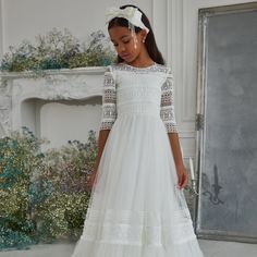 Tulle Communion Dress With Matte Macram Lace. Openwork Non-Fluffy Dress For Communion. Classic Communion Dress. Communion Dress In The Cathedral. Cathedral Dress For Communion. Macrame Lace, First Communion Dress, First Communion, Kids' Dresses, Dress Pattern, 9 And 10, Lace, White, Crochet