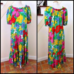 Addl. Photos? Questions? Please convo MEASUREMENTS: The dress is marked S.  The volume silhouette will work for a range of sizes from S-M/L. Bust:  41  Waist:  43  Hip:  49 Length:  56 Sleeve:  from nat'l shoulder: 12  FEATURES:  Charming Hawaiian dress is ready for you to style.  Wear it loose, with the neckline relaxed as a wide scoop around the house.  Glam it up by pulling the elasticized upper off the shoulder (scroll photos to view) and pair with a wide sash or belt.  Either way, this easy care charmer will brighten your wardrobe.  There is a single right side seam pocket (we all need a place to stash a tissue, lipstick and more).  No closures - just slip over your head and you're dressed.  Deep ruffle at hemline.   FABRIC: 100% cotton.  Care label shows machine wash and dry - what c Vintage Short Sleeve Midi Dress For Vacation, Retro Maxi Dress For Beach, Vintage Multicolor Maxi Dress For Vacation, Retro Lined Maxi Dress For Beach, Multicolor Vintage Maxi Dress For Vacation, Vintage Floral Print Vacation Dresses, Vintage Style Maxi Dress For Summer, Vintage Maxi Dress For Summer, Retro Lined Maxi Dress