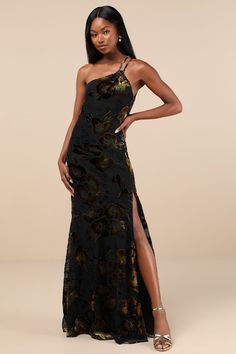 Ethereal Entrance Black Velvet Burnout One-Shoulder Maxi Dress Unique Black Tie Dresses, Black Embellished Dress, Burnout Velvet Dress, Maxi Dress Floral, Velvet Burnout, Wedding Girl, One Shoulder Gown, Play Dress, Dress Floral