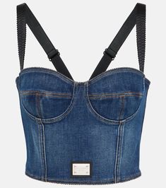 Denim bustier in blue - Dolce Gabbana | Mytheresa Cropped Top With Built-in Bra And Fitted Bodice, Fitted Cropped Crop Top With Built-in Bra, Fitted Cotton Crop Top With Built-in Bra, Fitted Tube Top With Built-in Bra And Tank Straps, Strapless Padded Corset, Fitted Tube Top With Tank Straps, Chic Fitted Nylon Tube Top, Chic Fitted Tank Top With Removable Bra Pads, Fitted Bandeau Elastane Crop Top