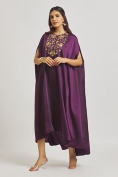 Purple satin dress featuring batwing sleeves and a round neckline, Fit: Relaxed Purple Satin Dress, Yoke Dress, Purple Satin, Satin Color, Cut Work, Satin Dress, Batwing Sleeve, Aza Fashion, Asymmetric Hem