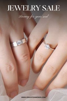 two people holding hands with wedding rings on top of each other and the words jewelry sale below them