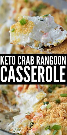 keto crab rangoon casserole on a wooden spoon with text overlay