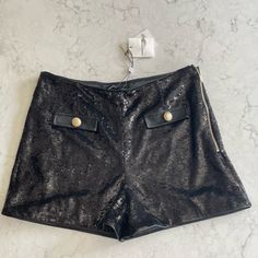 Shimmery High Waisted Sequin Shorts With Vegan Leather Faux Pockets. Fully Lined. Black In Color With Gold Statement Buttons. 95% Polyester And 5% Spandex Size 8 Waist 15.5” Rise 3” New With Tags! Retail $215 Fitted Party Bottoms With Built-in Shorts, Black High-waisted Shorts For Formal Occasions, Elegant Fitted Shorts For Date Night, Elegant Fitted Evening Shorts, Fitted Party Bottoms With Short Inseam, Fitted Bottoms With Short Inseam For Party, Elegant Evening Bottoms In Short Style, Elegant Evening Bottoms, Short Style, Elegant Evening Shorts