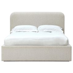 a bed with white sheets and pillows on top of it's headboard, in front of a white background