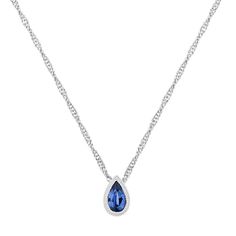 A single round pear-shaped traditional sapphire  approximately .21 carat total weight  is the center of attention in this stunning teardrop design. This contemporary and artistic pendant measures 1/8-inch-long and is crafted from quality 14 karat white gold. This beautiful pendant hangs from a matching 20-inch adjustable Singapore chain. Blue Pear-shaped Jewelry With Polished Finish, White Gold Sapphire Teardrop Necklace, Teardrop Sapphire Necklace In Fine Jewelry Style, Fine Jewelry Sapphire Teardrop Necklace, Elegant Blue Teardrop Drop Necklace, White Gold Sapphire Teardrop Pendant Necklace, Elegant Sapphire Teardrop Necklace, Elegant Teardrop Sapphire Necklaces, Elegant Teardrop Sapphire Necklace