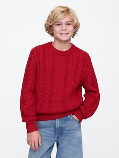 Soft cotton cable-knit sweater.  Crewneck.  Long sleeves.  Ribbed hem.  Fit: Classic.  A straight & easy fit.  Hits at the hip. Kids Outfits Boys, Cotton Cable Knit Sweater, Boys Sweaters, Fall 24, Fall Kids, Gap Kids, Sled, The Gap, The Boys