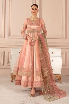 Blush Pink Embroidered Pakistani Pishwas Frock Dupatta Party Dress Pakistani Pishwas, Frock Pakistani, Long Frock, Fitted Sleeves, Long Frocks, Pink Canvas, Silk Trousers, Net Dupatta, Sequins Embroidery