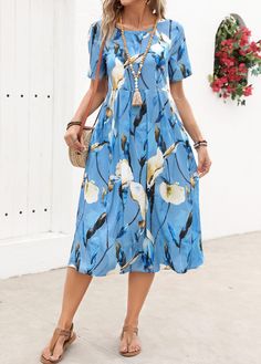 Blue Non-stretch Midi Length Dress, Blue Non-stretch Midi Dress, Blue Non-stretch Midi Dress With V-neck, Non-stretch Blue Floral Print Dress, Non-stretch Blue Dress For Vacation, Elegant Dresses Plus Size, Round Neck Dress, Printing Design, Round Neck Dresses