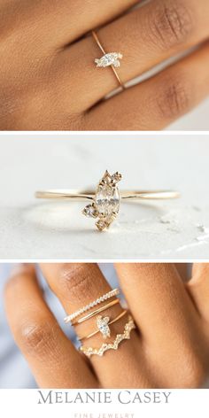 A marquise cut diamond is accented by flurries of white diamond, on a delicate 14k yellow gold band. Find the dainty Ember engagement ring at melaniecasey.com! Ring Gold Engagement, Dainty Engagement Ring, Gold Diamond Wedding Rings, Dainty Engagement, Melanie Casey, Dainty Engagement Rings, Set Rings, Raw Gemstone Jewelry, Cluster Design