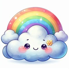 a cartoon cloud with a rainbow in the background