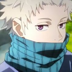 an anime character with white hair wearing a blue scarf and looking off to the side