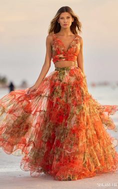 Sherri Hill 56151 Orange Print Floral Ballgown, Floral Print Prom Dress, Orange Prom Dresses, Printed Prom Dresses, Flower Maxi Dress, Two Piece Gown, Embellished Skirt, Sherri Hill Prom Dresses, Prom Dress Stores