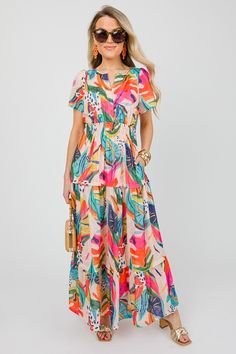 Abstract Palm Maxi, Fuchsia Combo Off Shoulder Jacket, Tropical Dresses, Banana Leaf Print, Pretty Fashion, Tropical Dress, Blue Door, Floral Print Maxi, Pretty Style, Banana Leaf