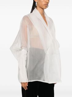 white silk organza semi-sheer construction double-breasted press-stud fastening pleat detailing crossover neck long sleeves cuff zips straight hem This item is in size 42 and the color is White White Silk Blouse, Organza Shirt, Wardrobe Edit, Designer Products, Silk Organza, Blouse White, Exclusive Fashion, White Silk, White Blouse