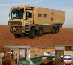 a truck is parked in the middle of a desert area with couches and tables