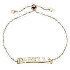 Curved Plate Adjustable Name Bracelet Make a bold statement with this name bracelet. This adjustable bolo-style bracelet is the perfect addition to any outfit and can be personalized with the name of your choice. Tag yourself with your favorite fan or yours truly. Either way, it will look wonderful!  Design Information       Concave name plate bracelet design has 2 small hearts at the chain ends   Good to Know      Personalize with a name from 3 to 9 characters. Name plate width varies based on Classic Customized Name Bracelet Adjustable, Classic Customized Adjustable Name Bracelet, Classic Adjustable Customized Name Bracelet, Adjustable Nameplate Bracelet With Name, Adjustable Nameplate Bracelet, Adjustable Chain Name Bracelet For Personalized Gifts, Adjustable Name Bracelet For Personalized Gift, Name Plate Bracelet, Planet Jewelry