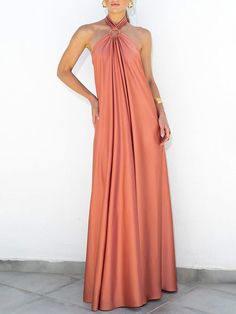 Transform any outfit into a sophisticated. luxurious statement piece with this summery satin halter flared gown dress.Beautifully cut and strappy. this dress features comfortable straps and an open back. and is made from a cozy fabric that feels soft... Halter Backless Dress, Halter Neck Maxi Dress, Loose Maxi Dress, Full Skirt Dress, Party Kleidung, Travel Dress, Backless Maxi Dresses, Classy And Fabulous, Long Maxi Dress