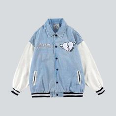 Elevate your edgy mode to the next level with our 2023 Spring-Summer Collection Broken Heart Embroidery Denim Jacket. This timelessly stylish piece features a classic bomber cut with beautiful embroidery and a buttoned front closure. Step out in confidence and make a bold statement no matter the occasion.Distinctive Features: Street Style: Look sharp and make a statement with this urban-style inspired piece. Bomber Silhouette: Take advantage of this timelessly fashionable style. perfect for any Trendy Embroidered Outerwear For Streetwear, Trendy Cotton Outerwear With Letter Embroidery, Trendy Cotton Denim Jacket With Patches, Trendy Patched Denim Jacket, Spring Cotton Long Sleeve Varsity Jacket, Trendy Blue Varsity Jacket With Letter Print, Trendy Embroidered Varsity Jacket For Streetwear, Spring Denim Outerwear For College, Trendy Cotton Varsity Jacket For Spring