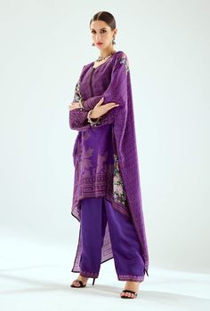 Rajdeep Ranawat | Hibika Purple Silk Kaftan | INDIASPOPUP.COM Festive Silk Purple Kaftan, Festive Purple Silk Kaftan, Silk Tunic Dress With Printed Motifs, Traditional Purple Silk Kaftan, Printed Tunic For Eid, Bohemian Purple Sets, Festive Purple Tunic Dress, Purple Straight Kurta Dress For Eid, Purple Bohemian Kaftan For Eid