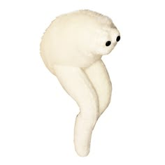 a white stuffed animal with black eyes on it's head and tail, sitting in front of a white background