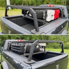 two pictures of the back end of a truck with an atv rack attached to it