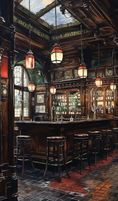 a painting of a bar with lots of stools and lights hanging from the ceiling