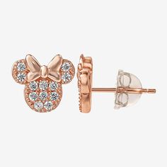 Character: Minnie MouseEarring Back: PostShape: AnimalsStone: Cubic ZirconiaStone Cut: RoundMetal Color: RoseEarring Length: 8.9mmEarring Width: 9.7mmMetal: 14k Gold Over SilverCare: Polishing ClothStone Type: 24 Cubic ZirconiaCountry of Origin: Imported Earrings Stud, Girls Jewelry, Jewellery And Watches, Minnie Mouse, Cubic Zirconia, Stud Earrings, Silver, Gold, White